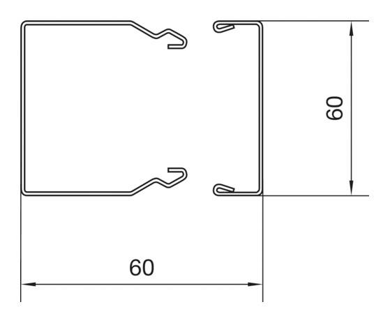 Teknisk tegning af en rektangulær profil med kvadratisk tværsnit på 60x60 mm.