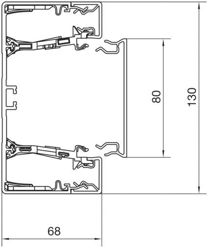 Teknisk tegning af et rektangulært profil med dimensioner 130 mm højde, 80 mm bredde og 68 mm dybde, inklusive detaljer af tværsnitsvisningen.