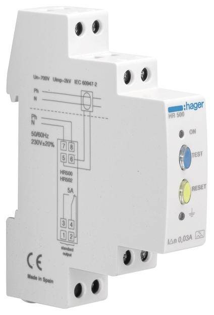 En Hager HR500 fejlstrømsafbryder (HPFI-relæ) med test- og nulstillingsknapper. Egnet til 230V netspænding, viser CE-mærkning.
