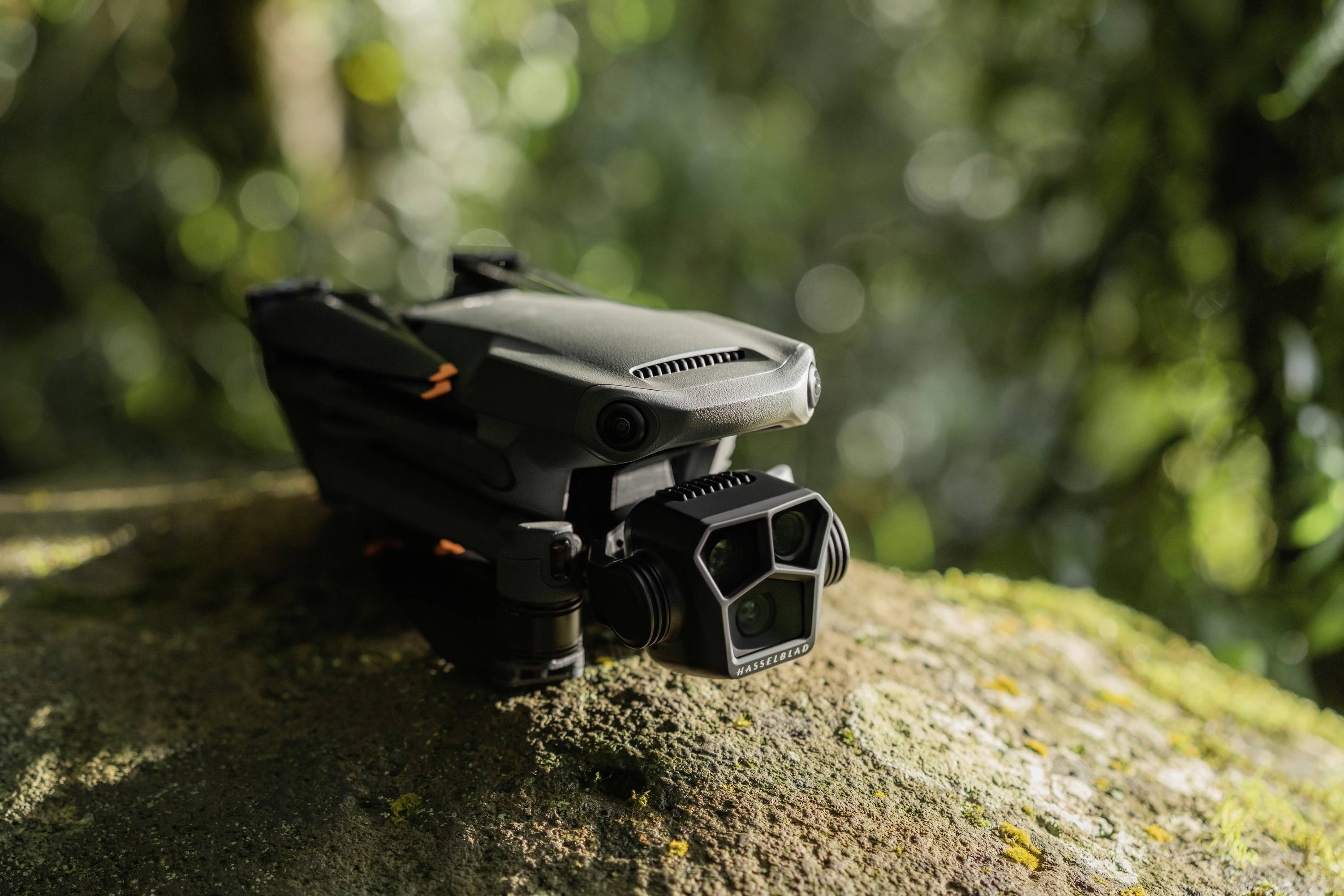 Foldbar drone på en mosbegroet klippe, omgivet af sløret, grønt løv i baggrunden. Den er klar til start.