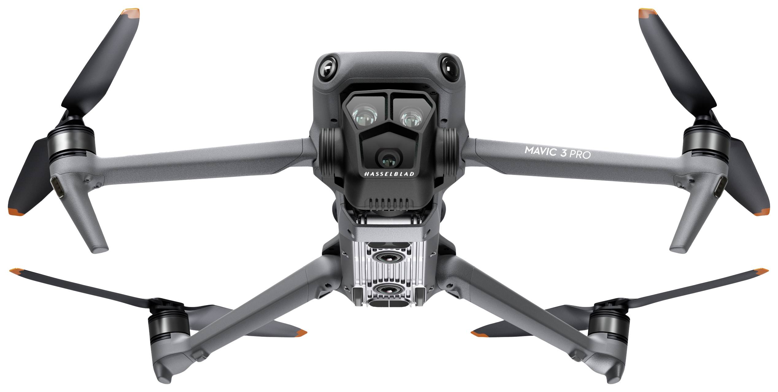 Droneoverblik af Mavic 3 Pro med fire rotorer og kamera. Dronen er positioneret i luften og viser undersiden med elektronikmoduler.