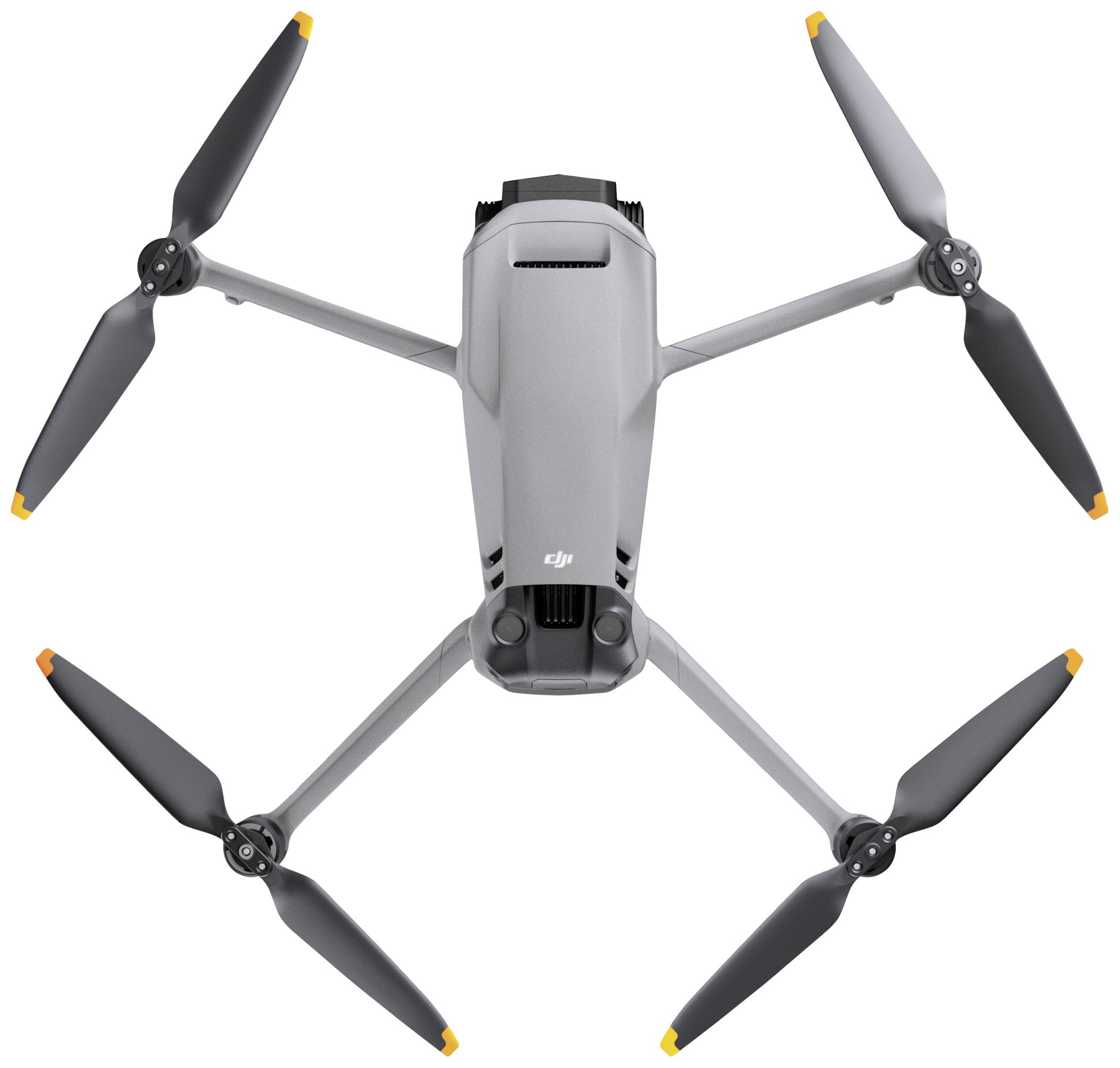Grå drone med fire rotorer set fra oven, ren og klar til brug.