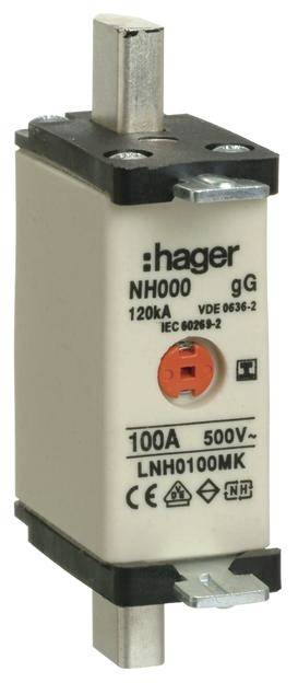 Et NH-sikringsmodul fra Hager med 100A, 500V, og betegnelsen 'gG'. Standard IEC 60269-2.