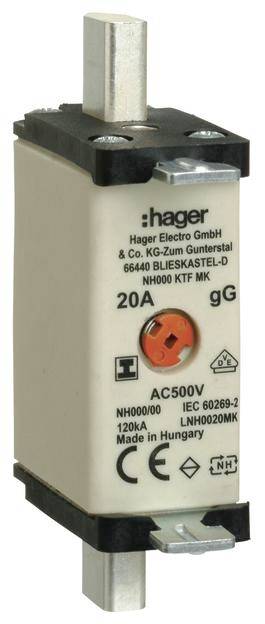 'Hager' sikring med 20 ampere og 500 volt mærkning, model NH000 KTF MK, egnet til elektriske kredsløb.