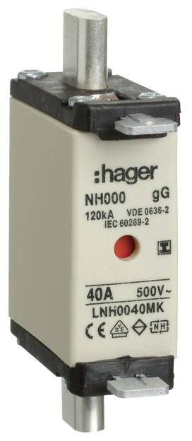 Et NH-sikringsmodul fra Hager, type NH000, med specifikationerne 40A, 500V, 120kA. Certifikater VDE 0636-2, IEC 60269-2.