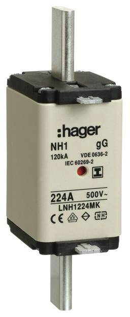 Sikringsindsats fra Hager, NH1 gG, 224A, 500V, til overstrømsbeskyttelse, med VDE og IEC certificering, rektangulær form.