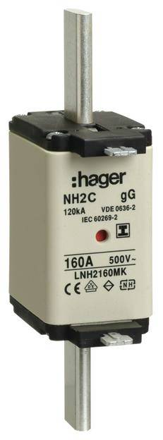 Her er oversættelsen til dansk:<br><br>'NH2C sikring fra Hager, 160A, 500V, 120kA, VDE 0636-2, IEC 60269-2. Til højre og venstre er der synlige metalliske tilslutningsflige.'