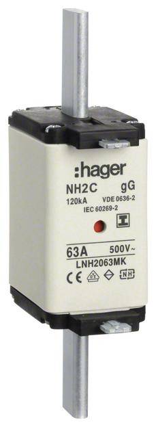 NH2C sikring fra Hager, 120kA, 63A, 500V, iht. norm VDE 0636-2, IEC 60269-2, egnet til industrielle elinstallationer.