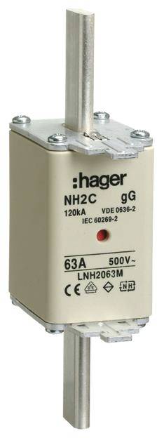 Elektrisk NH-sikringsindsats fra mærket Hager, type NH2C, gG, med 63A og 500V specifikationer, viser tekniske detaljer og modelnummer.
