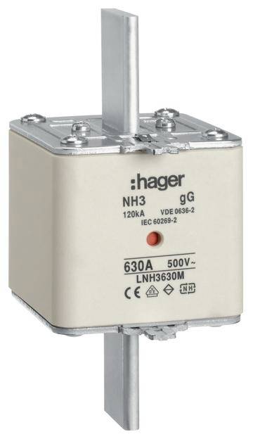Strømværnsanordning med påskriften 'Hager NH3 gG 630A 500V'. Anvendelsesområde: elektrisk sikkerhed.