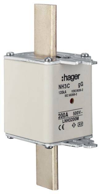 Stor elektrisk sikring fra Hager, type NH3C gG, med en strømstyrke på 200A og spænding på 500V, 120kA.
