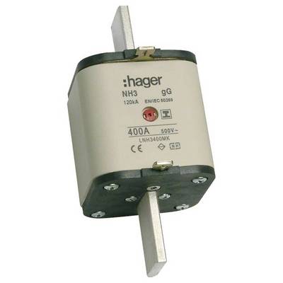En NH3-sikring fra Hager med 400A, 500V spænding, typisk til beskyttelse af elektriske anlæg. CE og andre standarder er angivet.