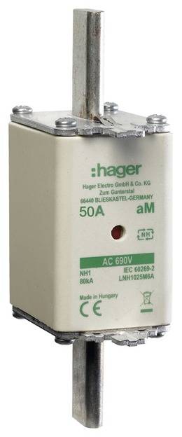 Hager sikringsindsats NH1, 50A, 690V AC, IEC 60269-2, til industrielle anvendelser.