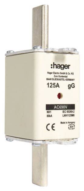 Højspændingssikring fra Hager med 125A og 690V. Mærkning: 'Hager Electro GmbH & Co. KG'. Fremstillet i Ungarn.
