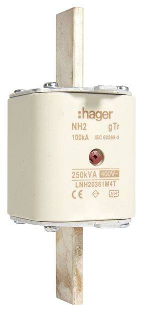 En NH-sikring fra Hager med mærkningen: 'NH2, 100kA, IEC 60269-2, 250kVA, 400V, LNH20361M4T'.