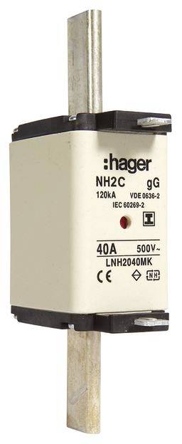En NH-sikring fra Hager, model NH2C, med nominel strøm på 40A og nominel spænding på 500V, mærket i henhold til IEC 60269-2 og VDE 0636-2.