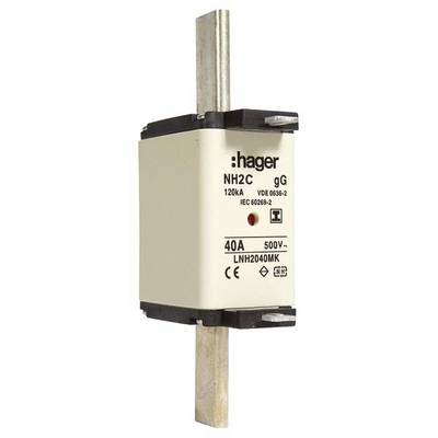 En NH-sikring fra Hager, model NH2C, med nominel strøm på 40A og nominel spænding på 500V, mærket i henhold til IEC 60269-2 og VDE 0636-2.