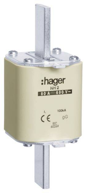 Sikringsindsats fra Hager, model NH 2, 80A, 690V, med sølvfarvede metalcontakter og beige kabinet. Egnet til elektriske systemer.