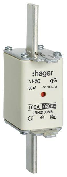 Keramisk sikring: Hager NH2C, 80kA, 100A, 690V, IEC 60269-2, Type gG.