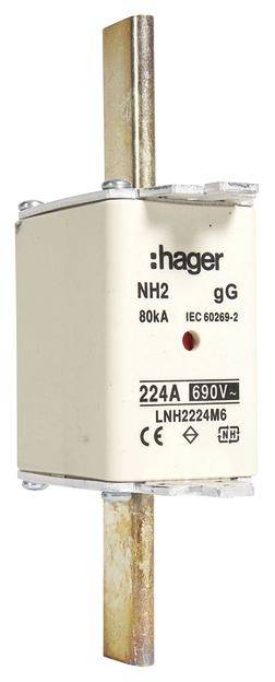 Elektrisk NH-sikring, Hager. Påskrift viser: NH2 gG 80kA IEC 60269-2, 224A 690V, LNH2224M6, CE-mærkning.