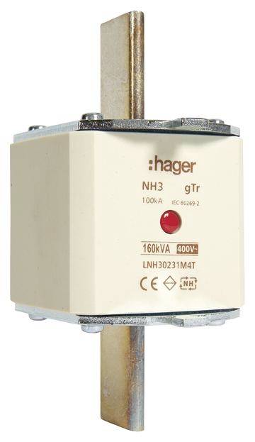 En NH3 gTr-sikringsautomat fra mærket Hager med effektangivelsen 160 kVA og spænding 400 V, monteret på en metalbeslag.