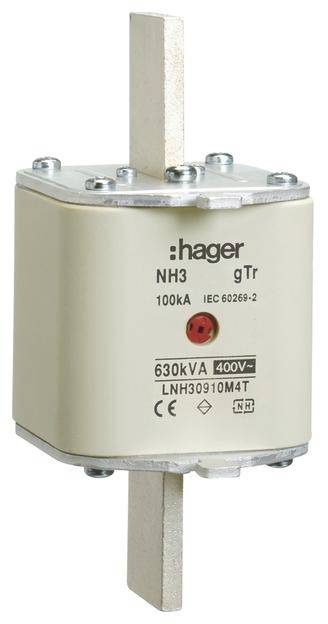 Sikringsindsats fra Hager, type NH3 gTr, 100kA, 400V, specielt til elektriske højeffektanvendelser.