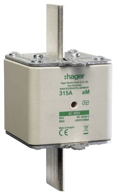 Sikringsindsats fra Hager, 315A, NH3, til elektriske installationer, med metalbeslag, egnet til 690V AC.