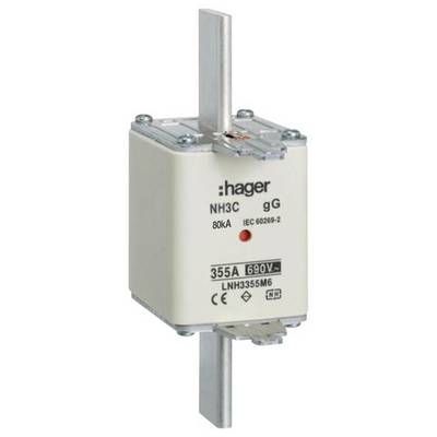 En sikringsautomat med påskriften 'Hager NH3C gG', 80kA, 355A, 690V, som overholder norm IEC 60269-2, monteret på et indsats.