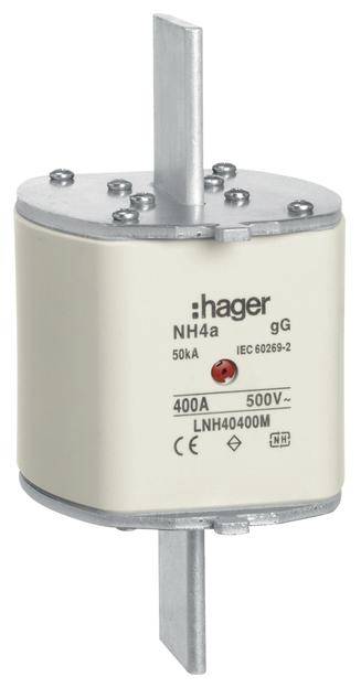 En NH-sikring fra Hager, type NH4a, gG, med en strømstyrke på 400A og spænding på 500V, i overensstemmelse med IEC 60269-2 standarden.