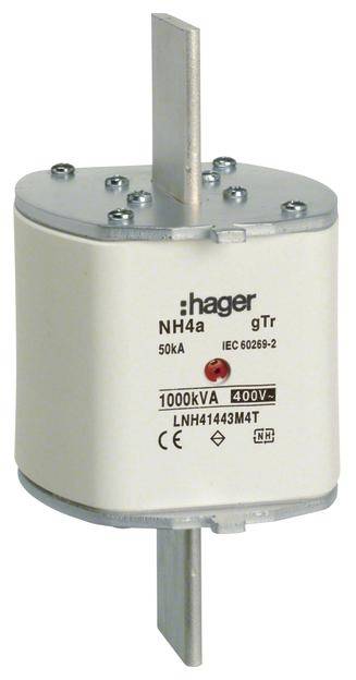 Kraft-sikringsindsats Hager NH4a gTr med specifikationer: 50kA, 1000kVA, 400V, IEC 60269-2.