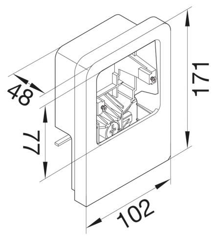 Teknisk tegning af et hus med dimensionerne 48x77x171 mm og en bredde på 102 mm; indvendig struktur synlig.
