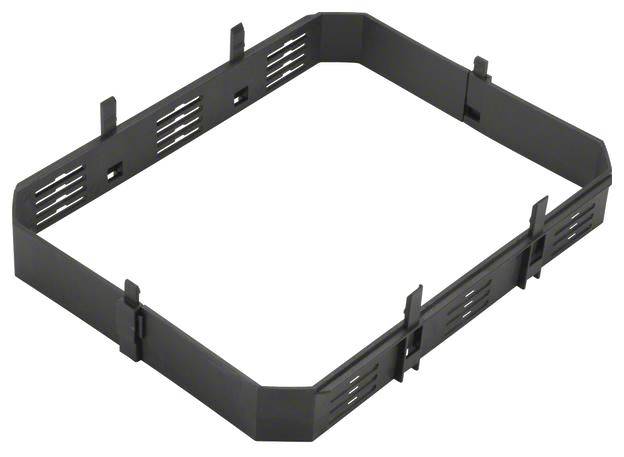 Sort rektangulær plastramme med ventilationsåbninger og clips på siderne.