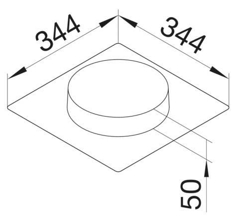 Teknisk tegning af et firkantet objekt med afrundet forhøjning. Mål: 344 x 344 mm, højde 50 mm.