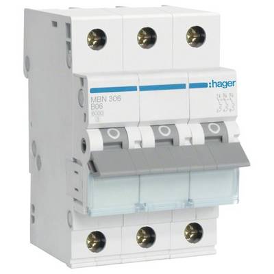 En hvid trefaset effektafbryder fra Hager, model MBN 306 B06, med blå og grå detaljer på forsiden.