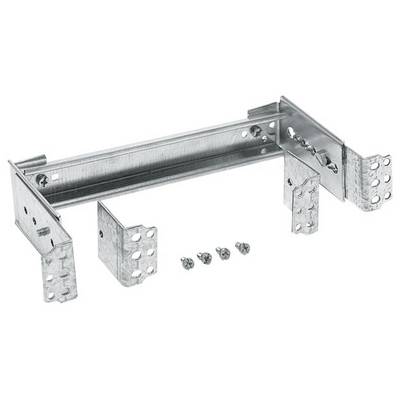 Metalisk monteringsvinkel med skruer, egnet til fastgørelse af strukturer eller installationer på vægge eller lofter.