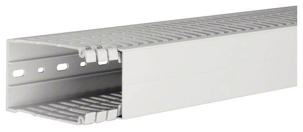 Kabelkanal af hvid plast med smalle ventilationssprækker i toppen, velegnet til kabelføring i elektriske installationer.