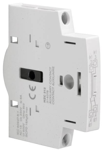 En hvid elektrisk kontakttype-komponent med flere tilslutninger og CE-mærkning. Skemaet på siden viser funktionsmåden.