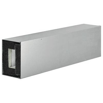 Metalluftkanal, rektangulær, monokrom sølvgrå farvet, med åben ende, egnet til ventilations- eller HVAC-applikationer.