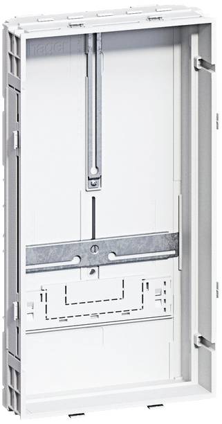 En tom, hvid fordelerboks med metalspær og forskellige monteringspunkter, egnet til installation af elektroniske komponenter.
