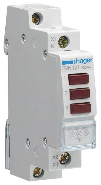 En elektrisk kontakt fra 'hager' med tre røde knapper, mærket med 'SVN 127' og '230V'.