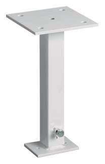 Et hvidt, rektangulært metalpodium med en stabil base. Egnet til montering eller fastgørelse af udstyr eller strukturer.