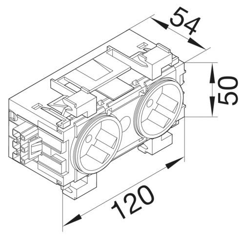 Teknisk tegning af en rektangulær komponent med dimensionerne 120 x 54 x 50 mm og to runde åbninger på forsiden.