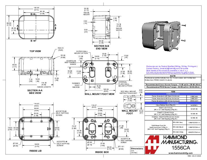 Teknisk tegning af et kabinet med flere visninger og dimensioner. Producent: Hammond Manufacturing, Model 1556CA, med monteringsvejledning.