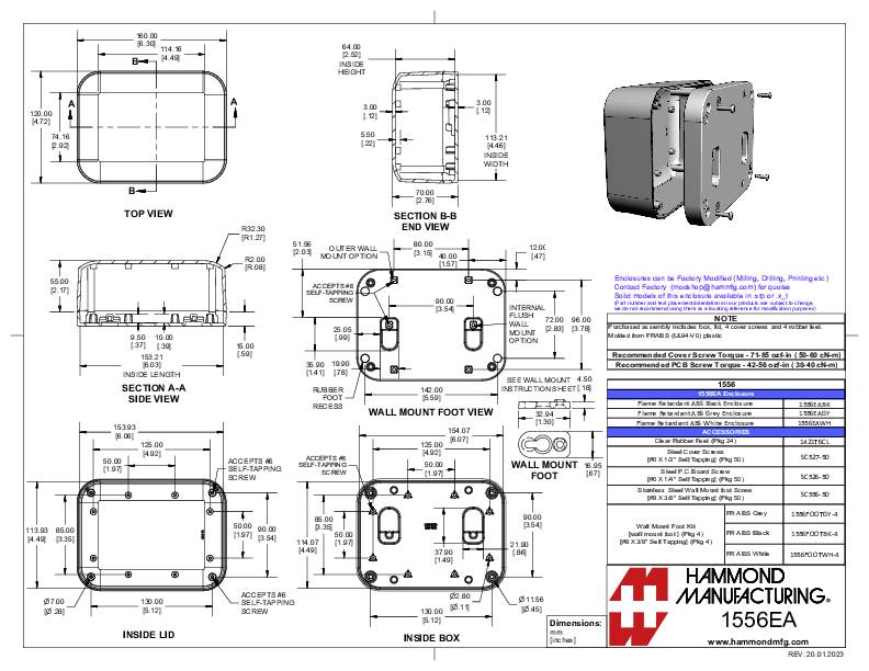 Teknisk tegning af et rektangulært kabinet, viser forskellige perspektiver, dimensioner og monteringsvejledninger. Producent: Hammond Manufacturing.