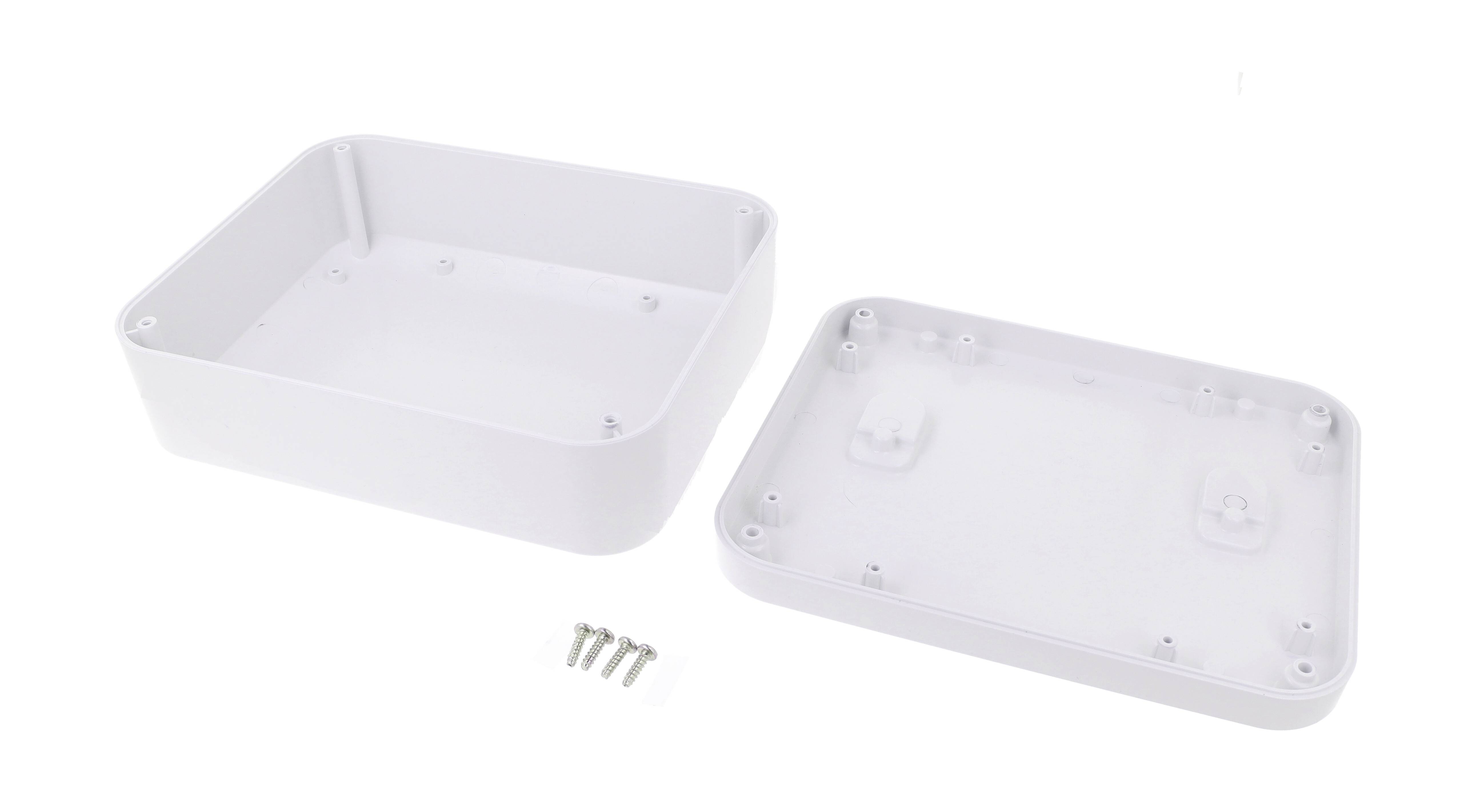 Et rektangulært hvidt plastikkabinet, bestående af to dele, med skruer til montering. Perfekt til elektroniske projekter.
