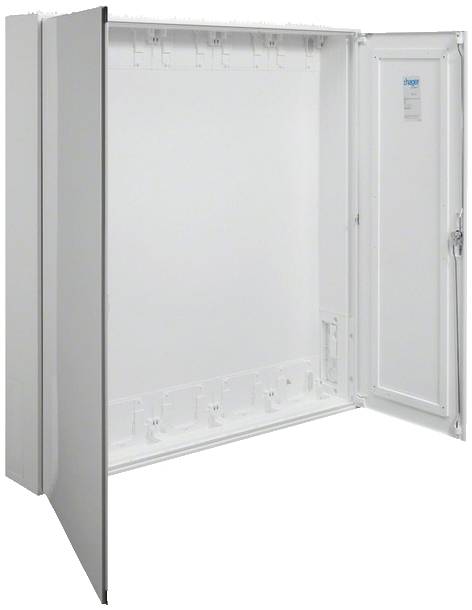 Åbnet, tomt elskab med åbne døre. Hvidt indvendigt rum synligt. Perfekt til installation af elektriske komponenter.