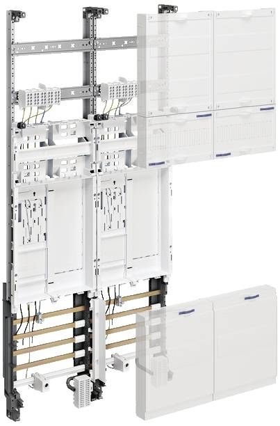 Et modulært fordelingsfelt med flere afdelinger og samleskinner, egnet til installation i elektriske tavler.