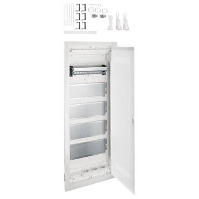 Hvid, åben teknisk skab med ventilationssprækker, tilbehør som skruer og beslag vist øverst.