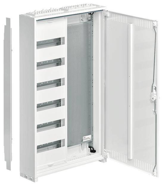 En åben, sekstrins elektrisk fordelerboks med synlige rum og kabelkanaler. Egnet til husinstallationer.