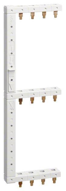 Hvid elektrisk samleskinne med flere kobbercontakter, som bruges til at forbinde afbrydere eller beskyttelsesenheder i en fordelingstavle.